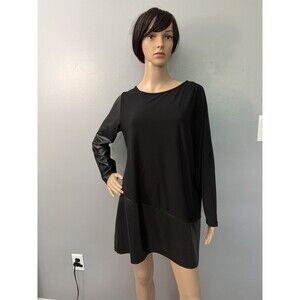 Clara Sun Woo Size L Tunic Black Jersey Knit Faux Leather Top Pullover Blouse